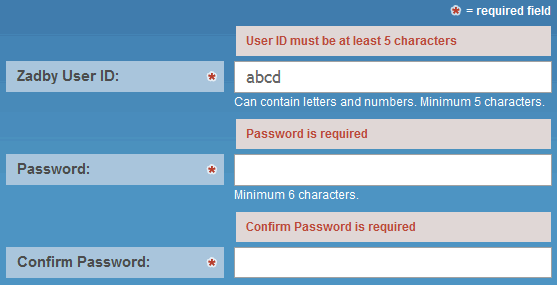 Zadby web form error message design example