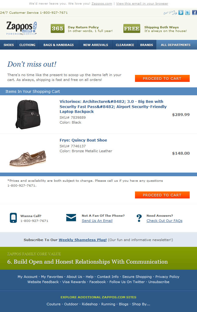 Zappos abandoned cart email design example