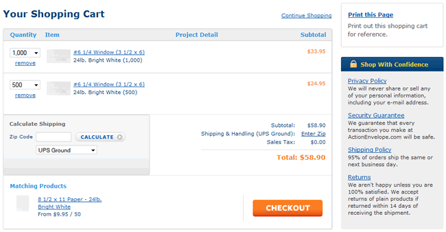 Action Envelope ecommerce shopping cart design example