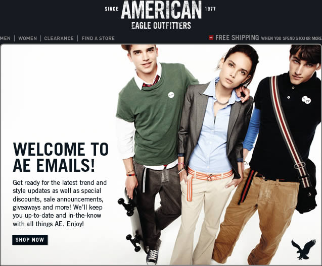 American Eagle Outfitters welcome email design example