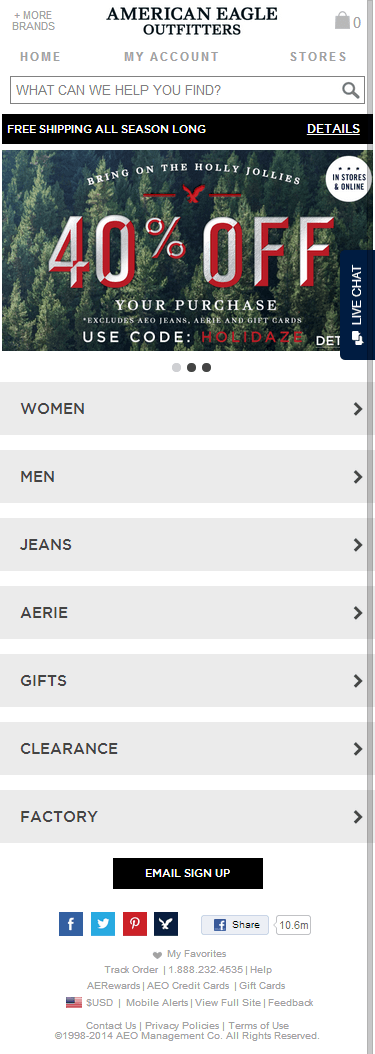 American Eagle Outfitters mobile ecommerce home page design example