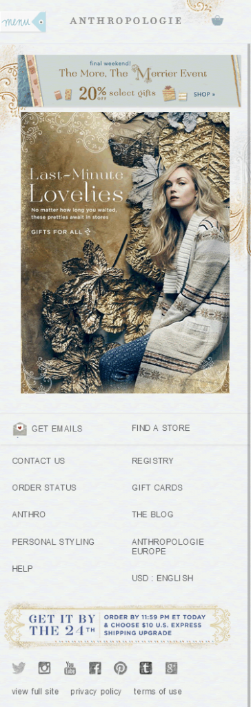 Anthropologie mobile ecommerce home page design example