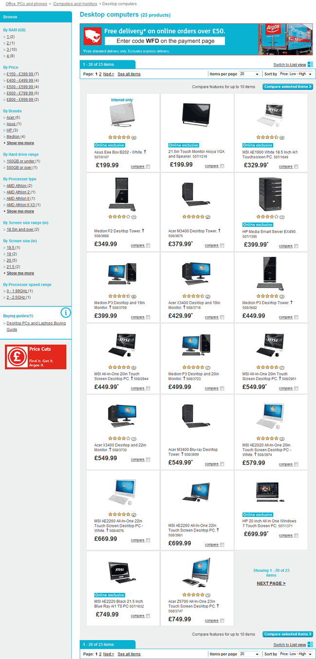 Argos ecommerce gallery page design example