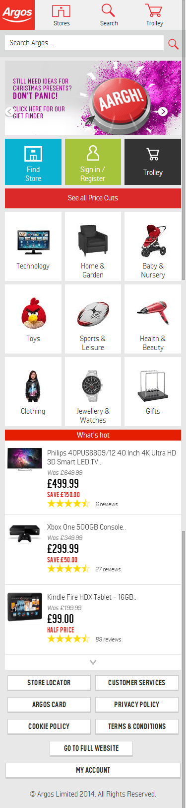 Argos mobile ecommerce home page design example