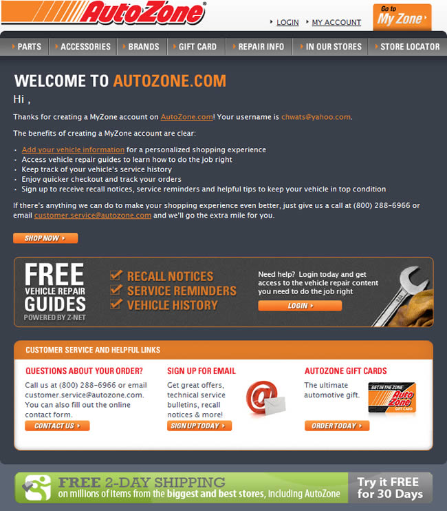 AutoZone welcome email design example