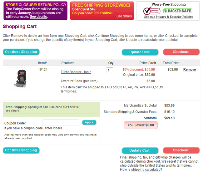 BabyCenter ecommerce shopping cart design example