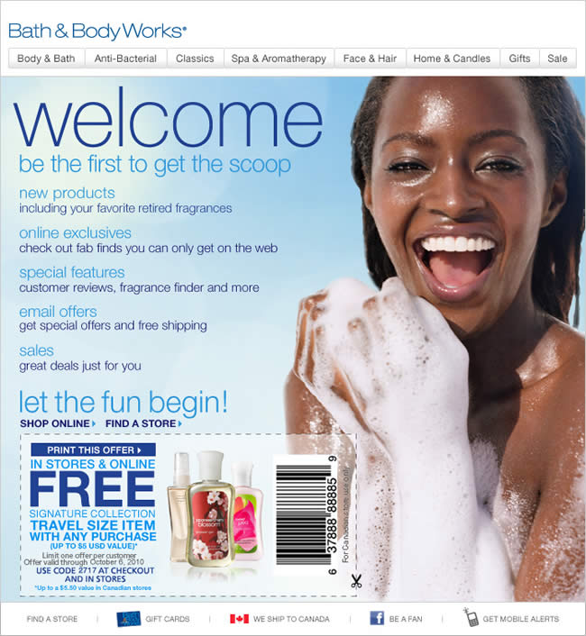 Bath & Body Works welcome email design example