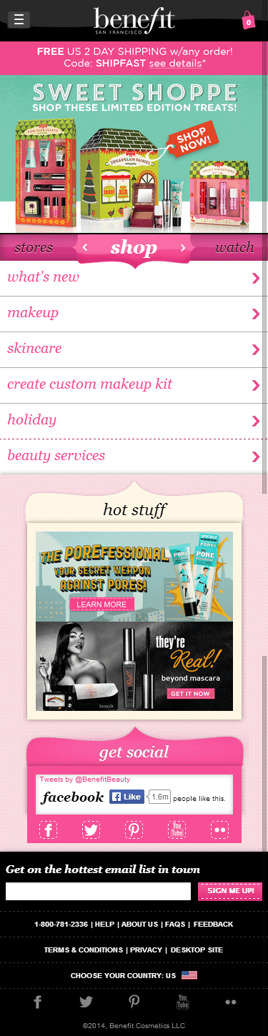 Benefit Cosmetics mobile ecommerce home page design example