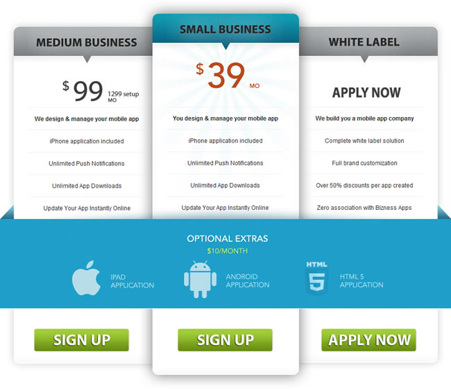 Bizness Apps pricing table design example