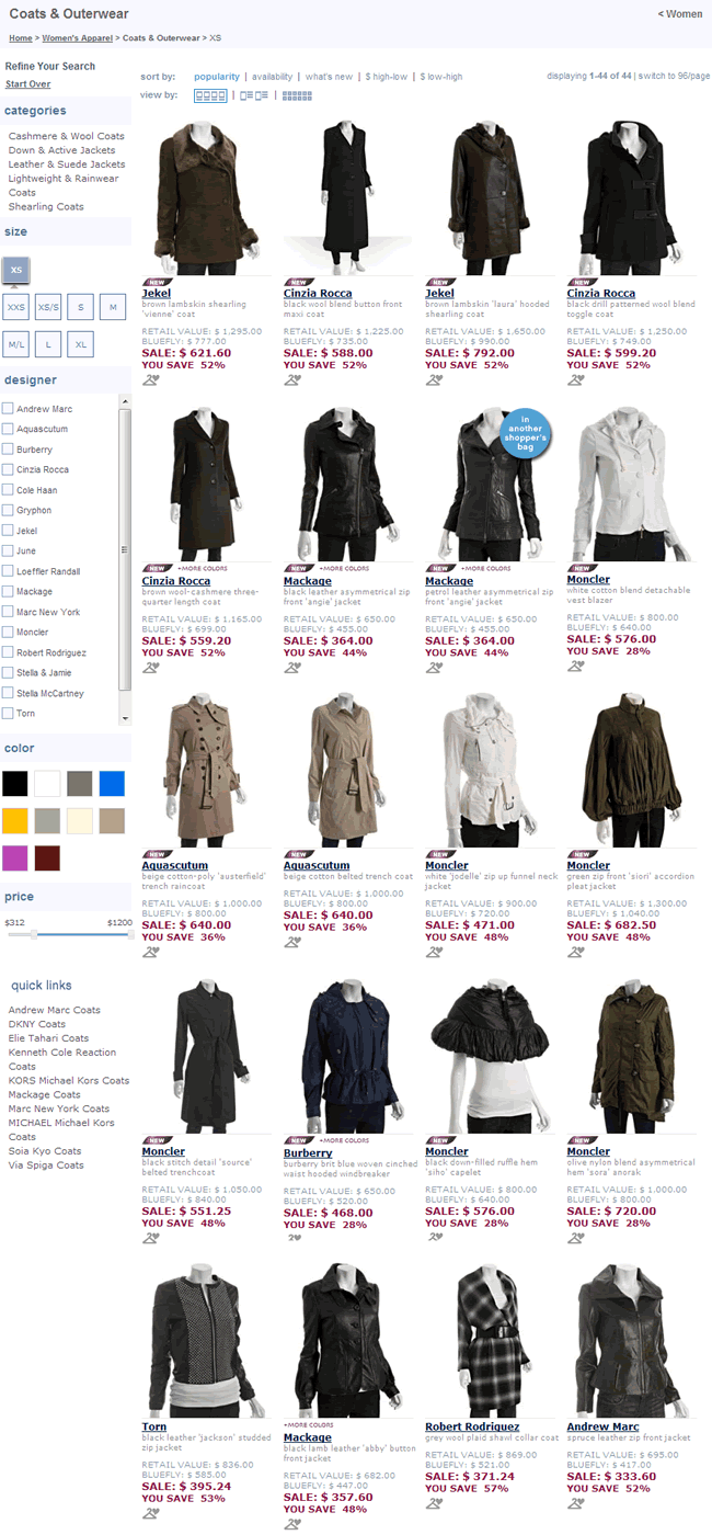 Bluefly ecommerce gallery page design example