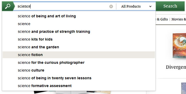 Barnes and Noble search auto-complete design example