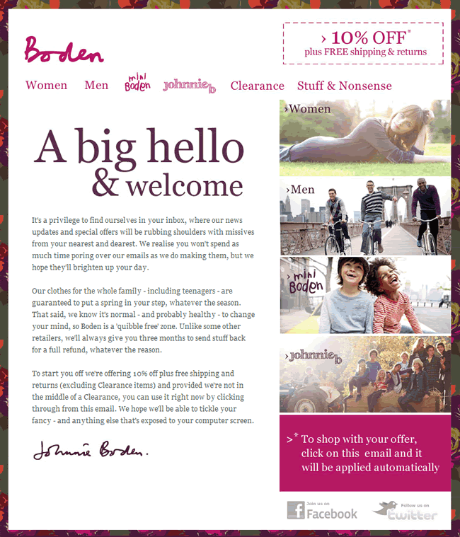 Boden USA welcome email design example