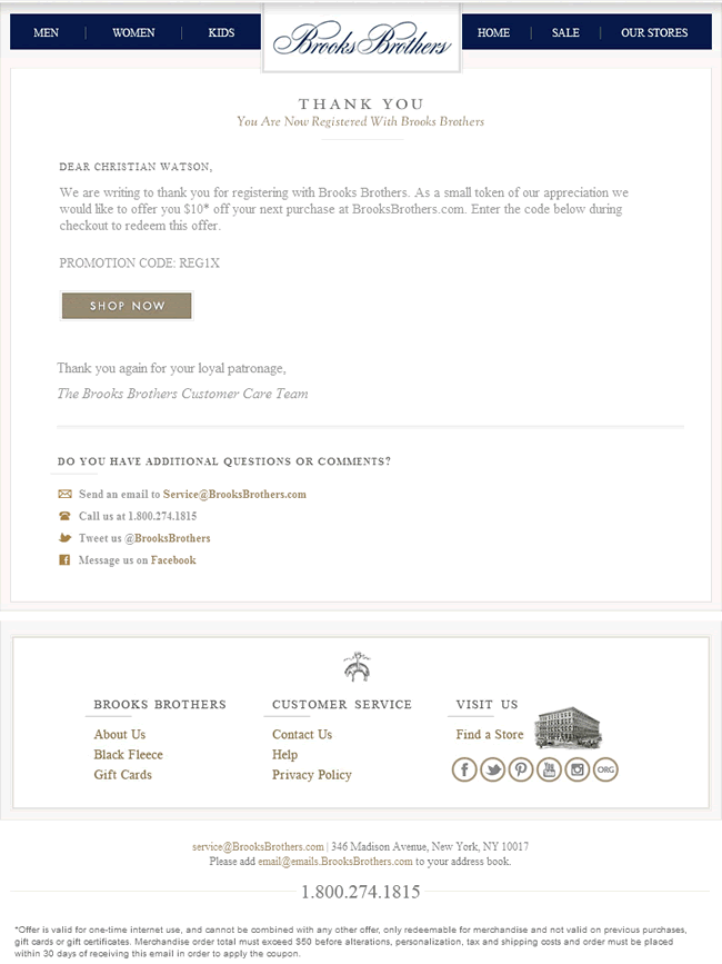 Brooks Brothers welcome email design example