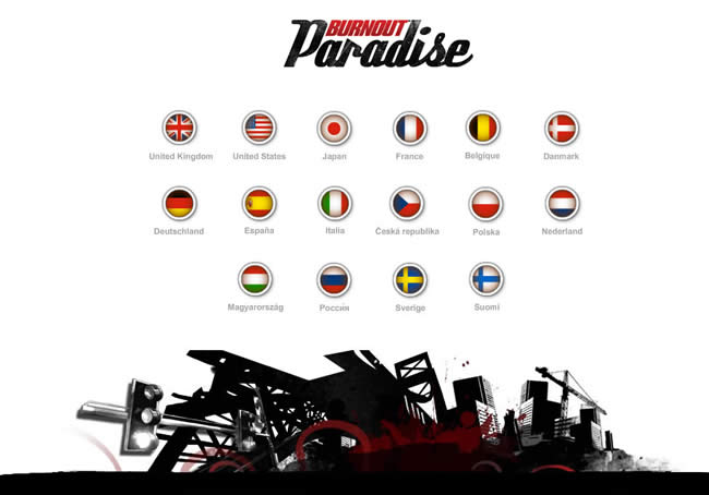 Burnout Paradise website country selector design example