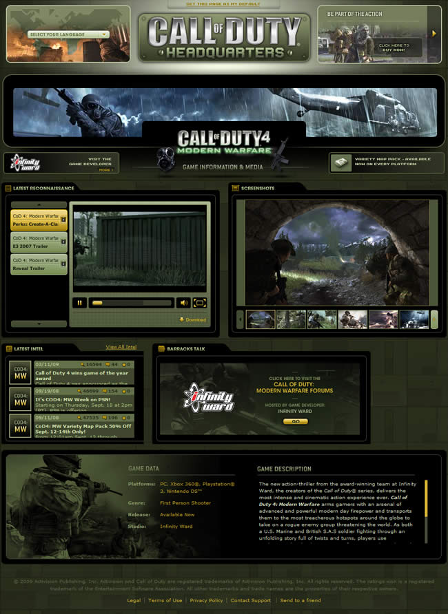 Call of Duty 4 video game website design example