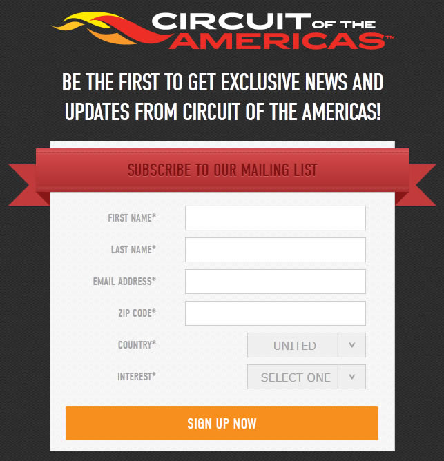 Circuit of the Americas email signup form design example