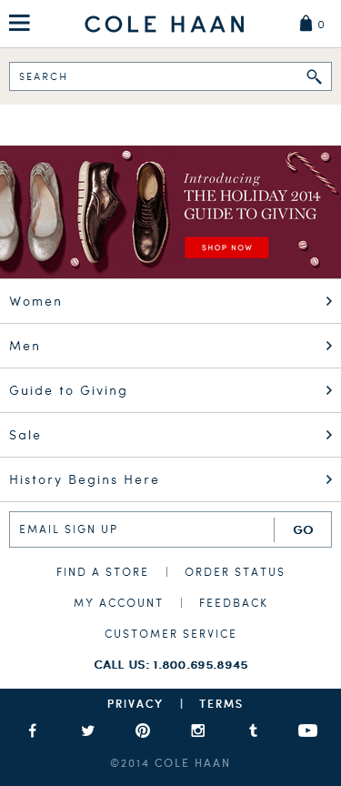 Cole Haan mobile ecommerce home page design example