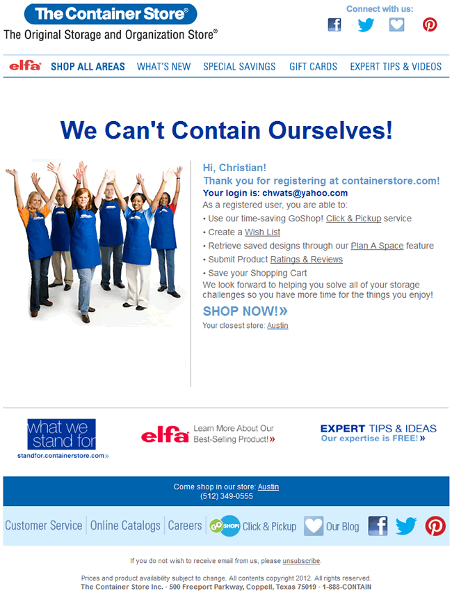 The Container Store welcome email design example