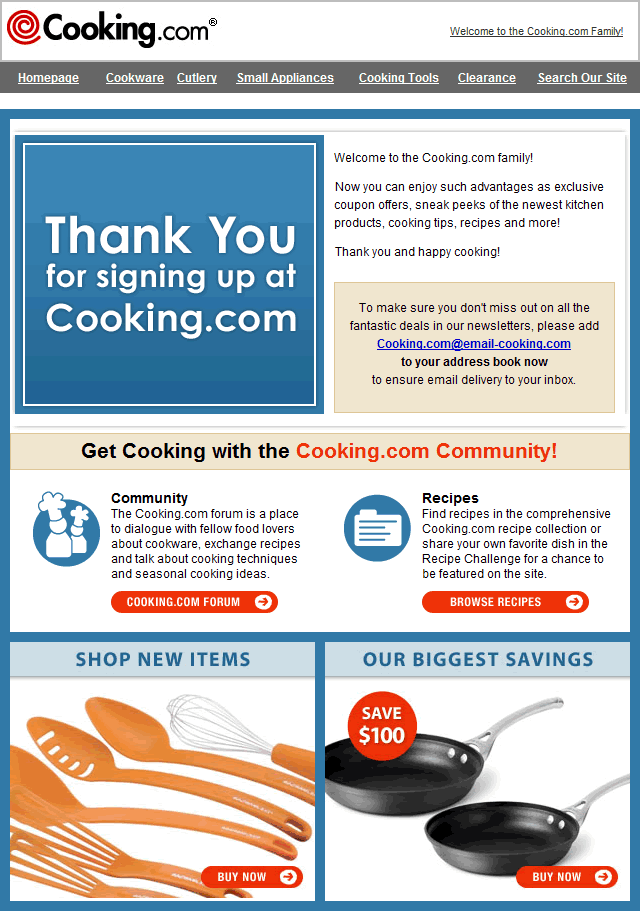 Cooking.com welcome email design example