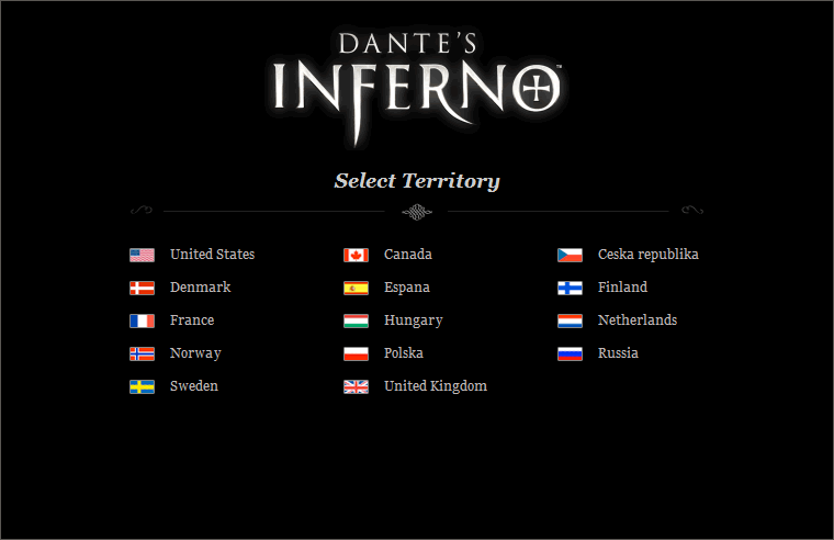Dante's Inferno website country selector design example