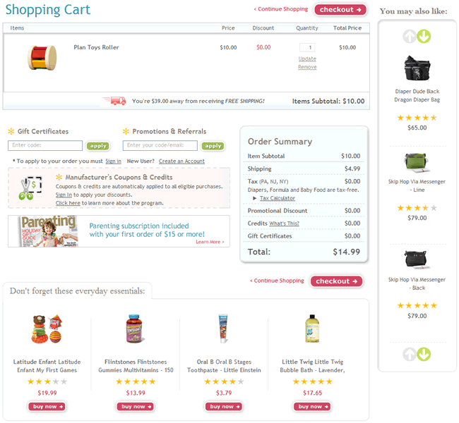 Diapers.com ecommerce shopping cart design example