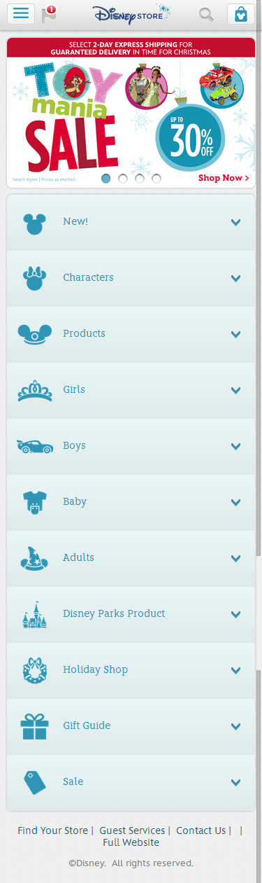 Disney Store mobile ecommerce home page design example