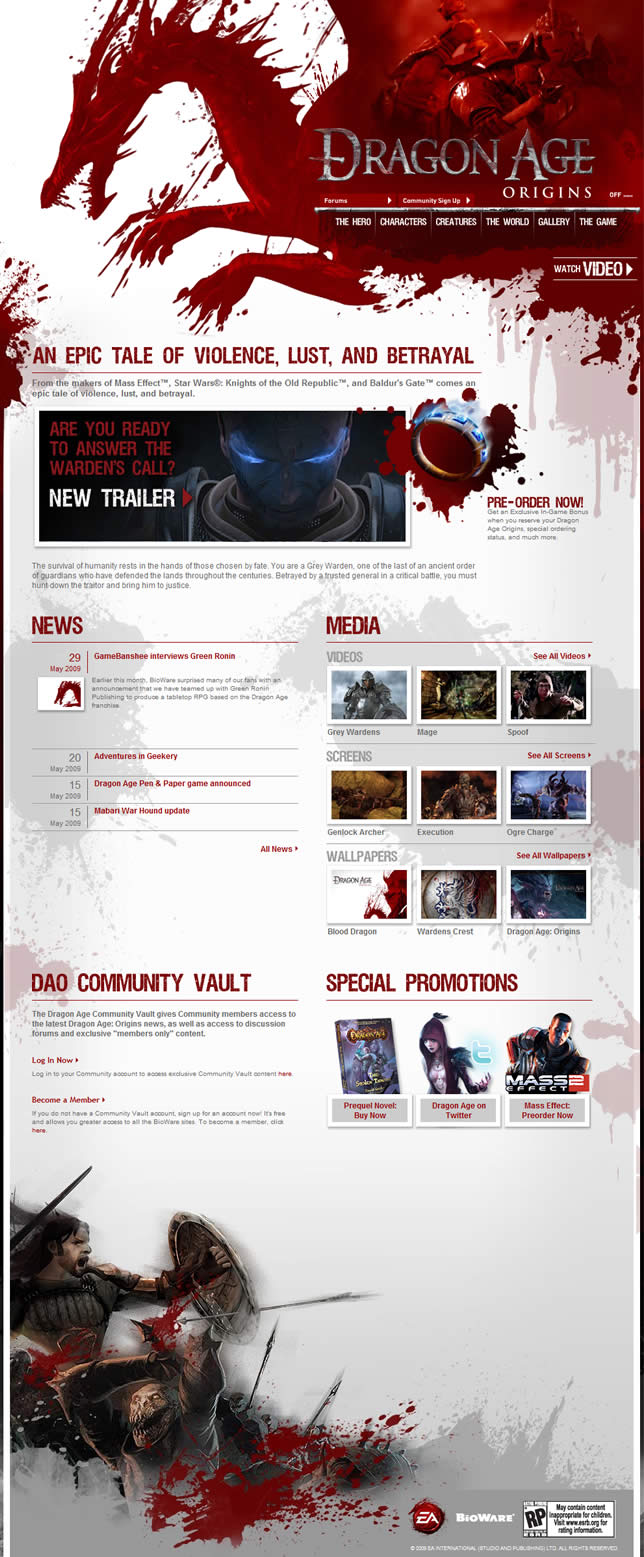 Dragon Age Origins video game website design example