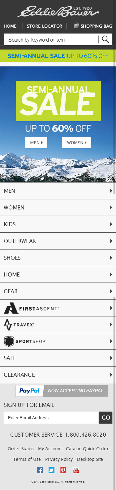 Eddie Bauer mobile ecommerce home page design example