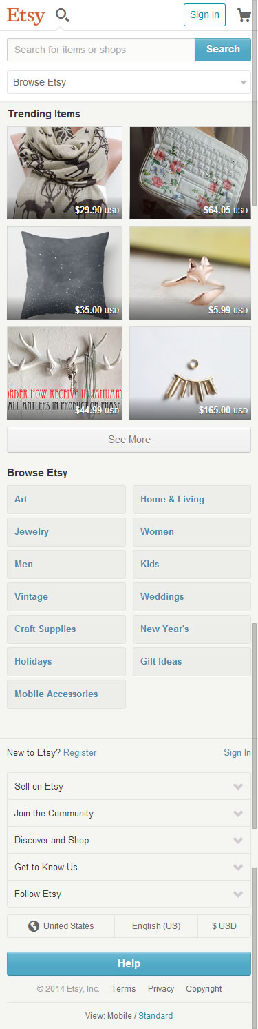 Etsy mobile ecommerce home page design example