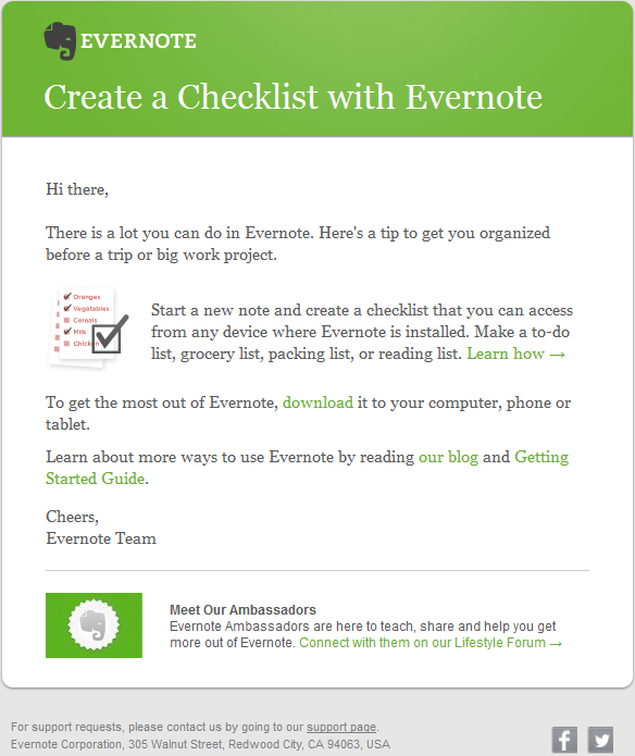 Evernote welcome email design example