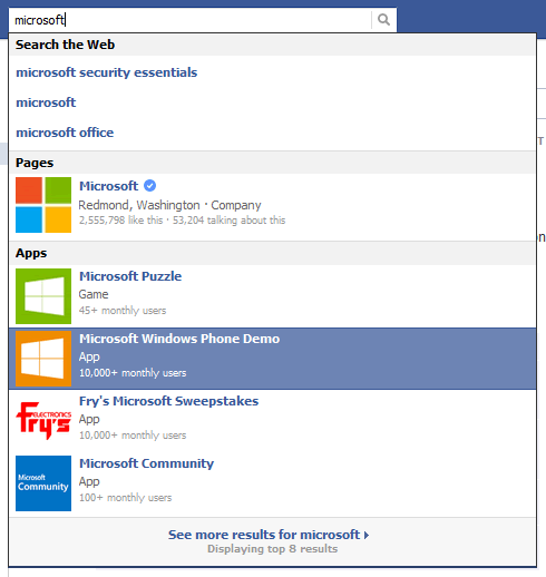 Facebook search auto-complete design example