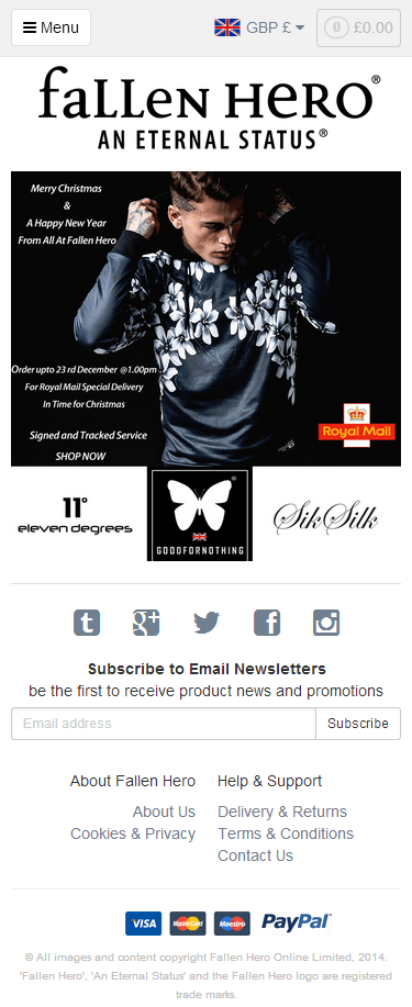 Fallen Hero mobile ecommerce home page design example