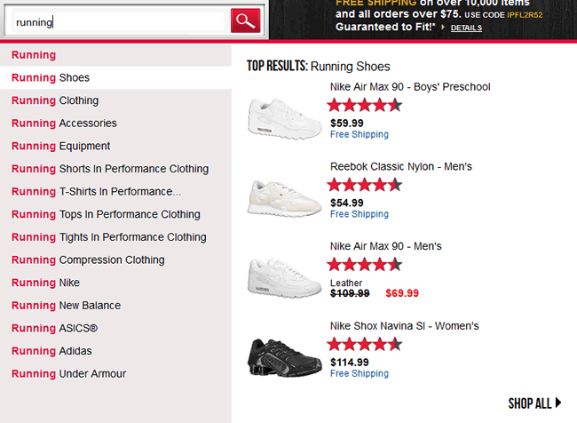 Foot Locker search auto-complete design example