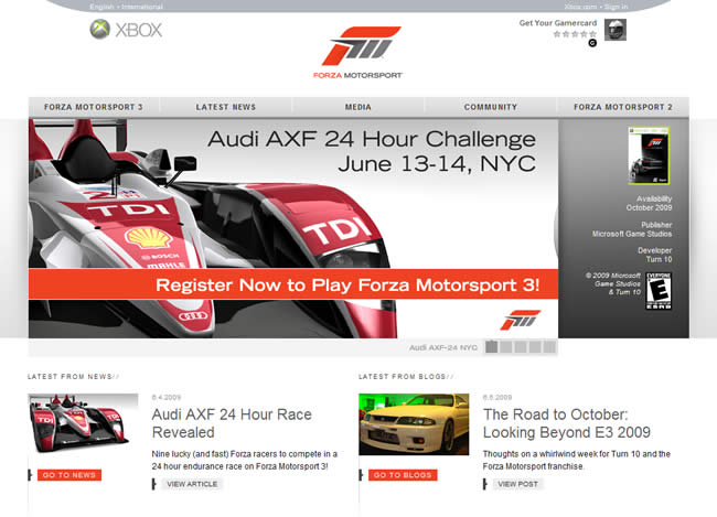 Forza Motorsport video game website design example