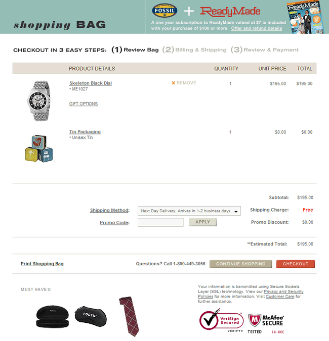 Fossil ecommerce shopping cart design example