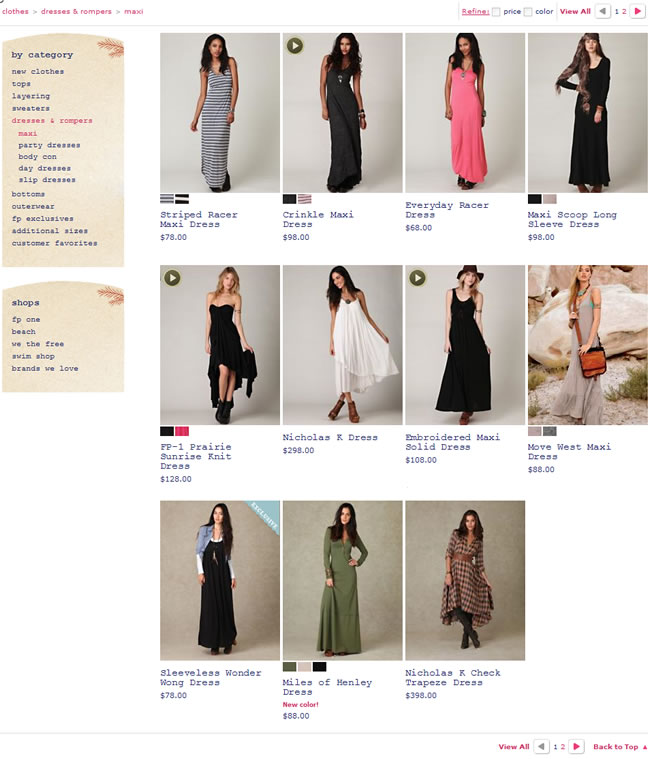 Free People ecommerce gallery page design example