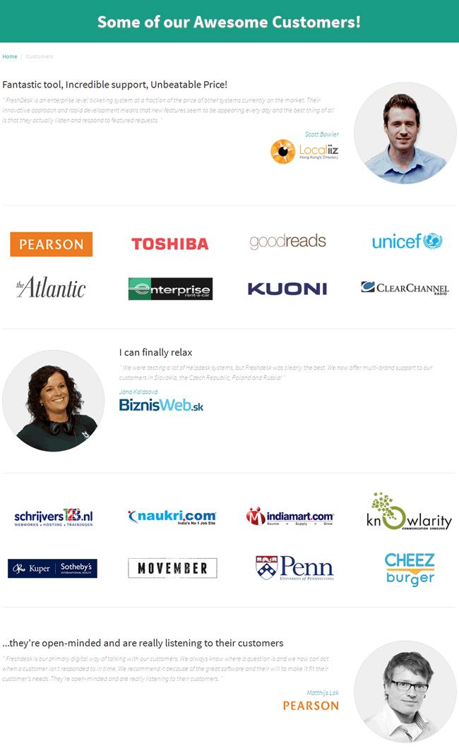 Freshdesk customers page design example