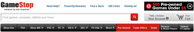 Gamestop website header design example
