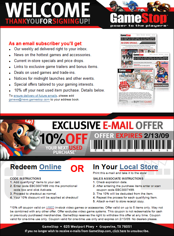 Gamestop welcome email design example