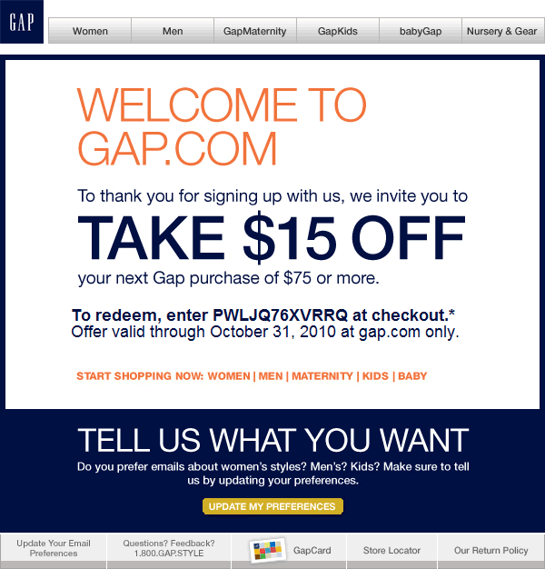 Gap welcome email design example