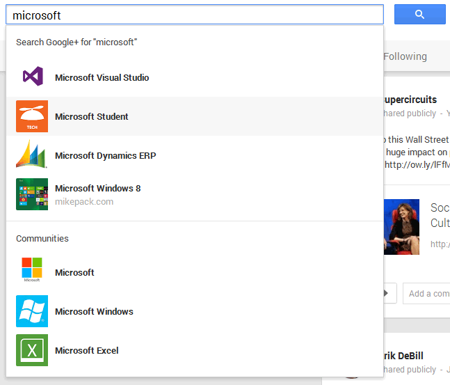 Google+ search auto-complete design example