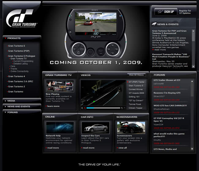 Gran Turismo video game website design example