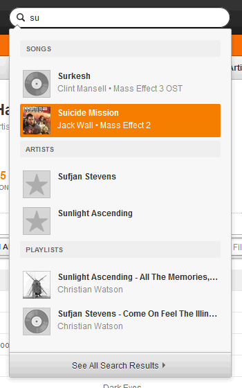 Grooveshark search auto-complete design example