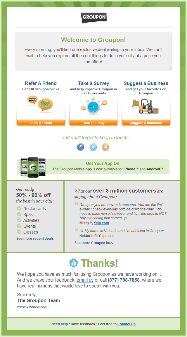 Groupon welcome email design example