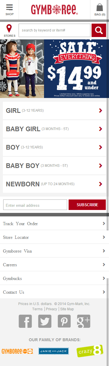 Gymboree mobile ecommerce home page design example
