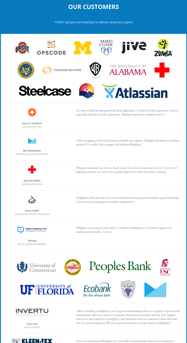 HelpSpot customers page design example