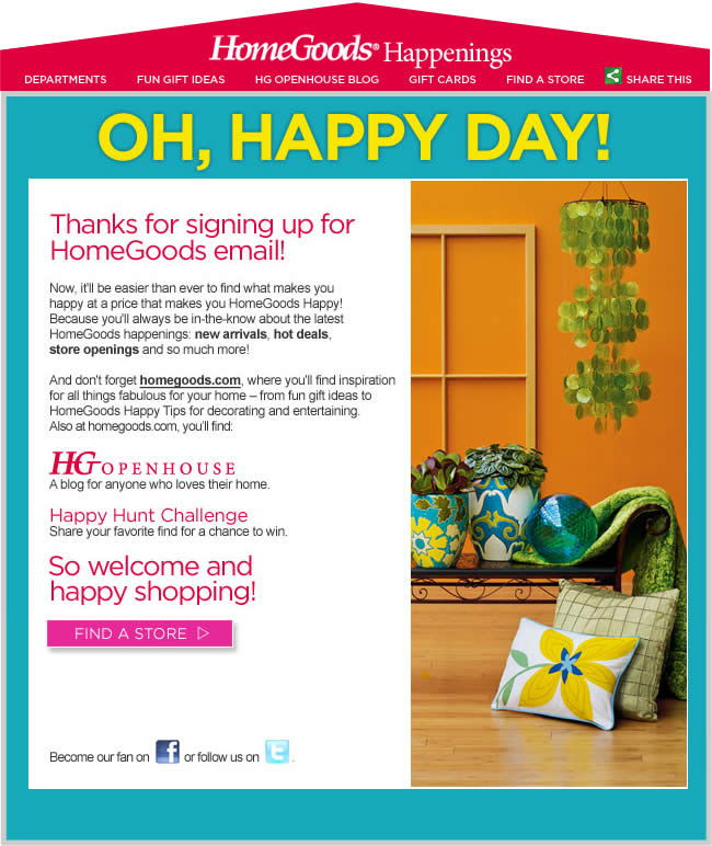 Home Goods welcome email design example