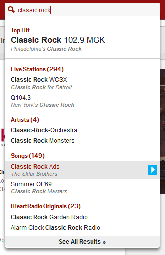 iHeartRadio search auto-complete design example