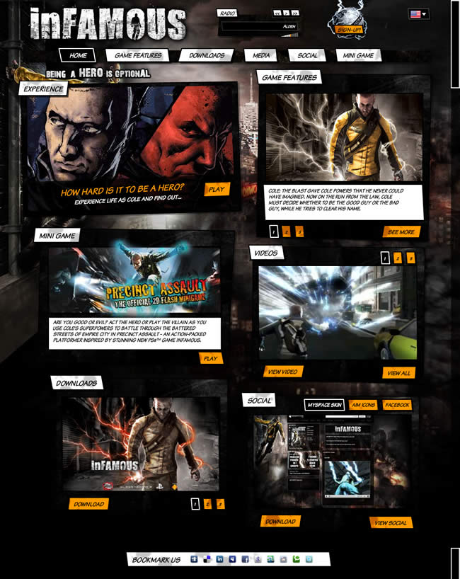 Infamous video game website design example