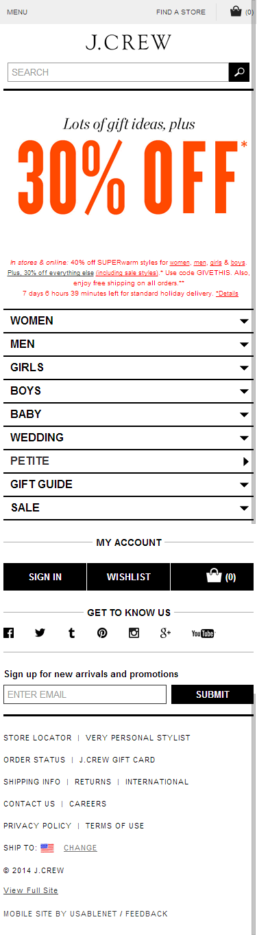 J.Crew mobile ecommerce home page design example